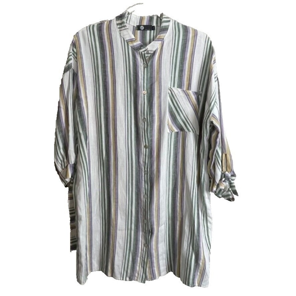 M Made In Italy Tunic Blouse Womens L Multi Color Coastal Linen Blend Striped